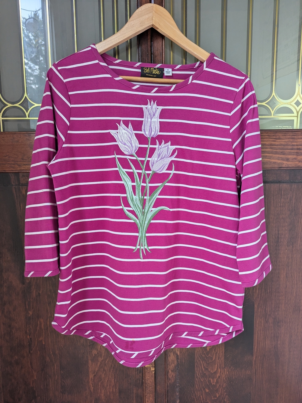 Bob Mackie Fuchsia and White Striped Long Sleeve Top with Tulip Embroidery